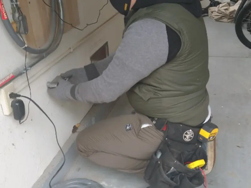 Electrician performing outlet wiring in a Battlement Mesa garage